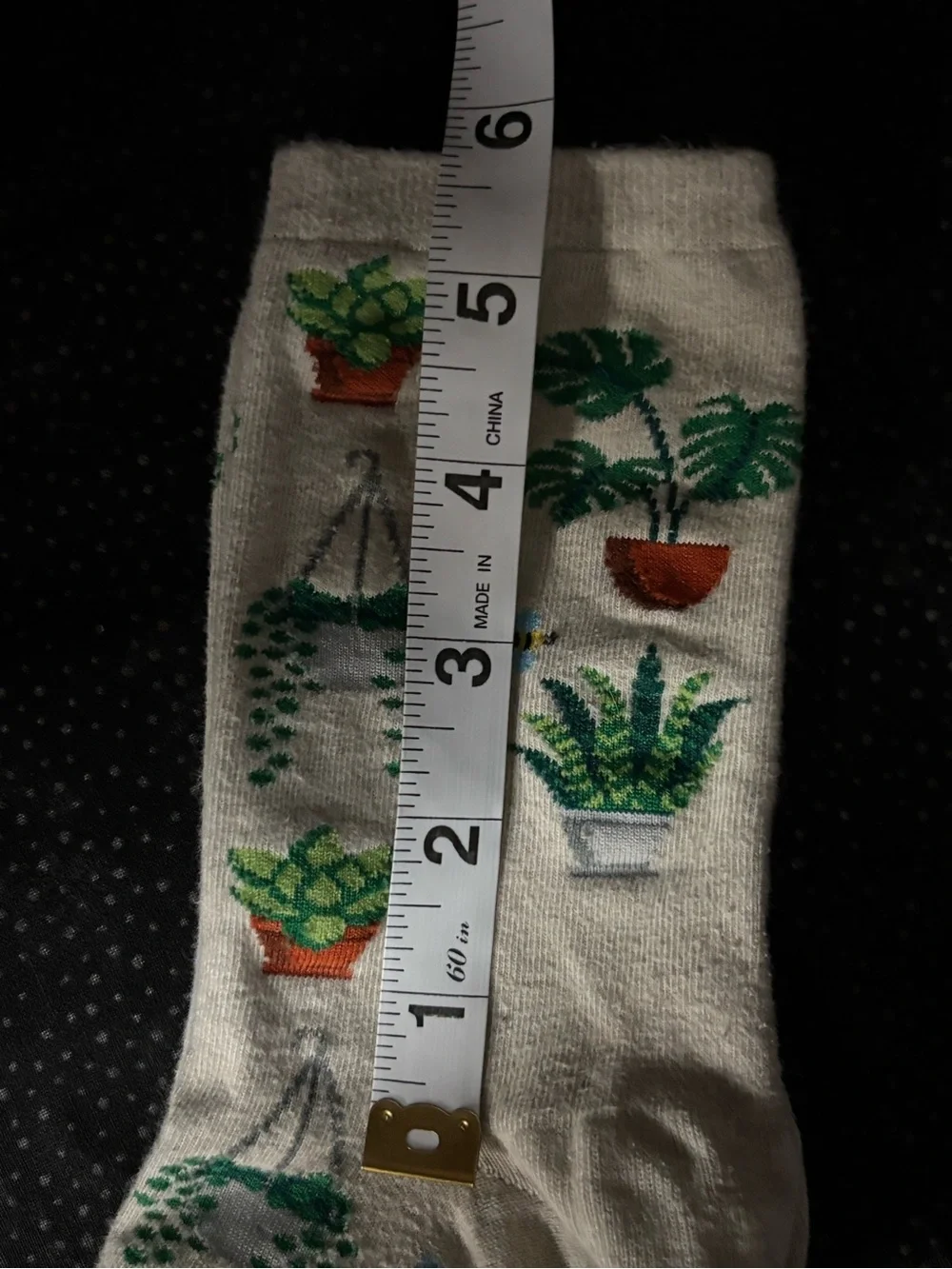 Women's Cream Crew Socks with Green Potted Plant Pattern